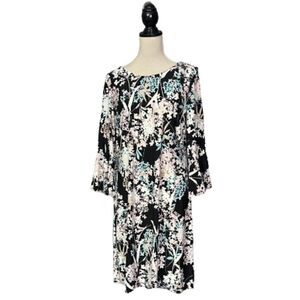 Tommy Hilfiger Pink & Black Floral Soft Dress Flare Slvs Silver Zipper Sz M